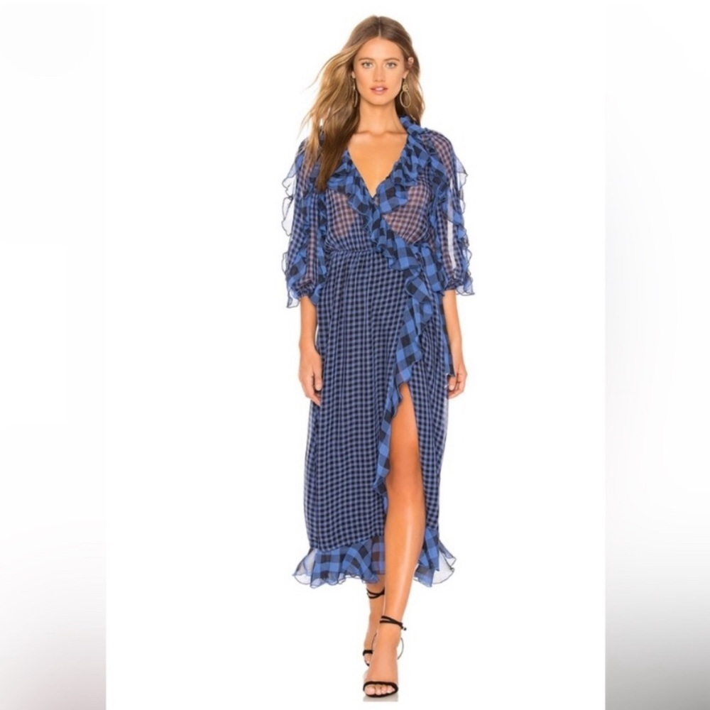 Tularosa Alicia Sheer Gingham Wrap Maxi Dress Size S Blue Ruffle Fairycore